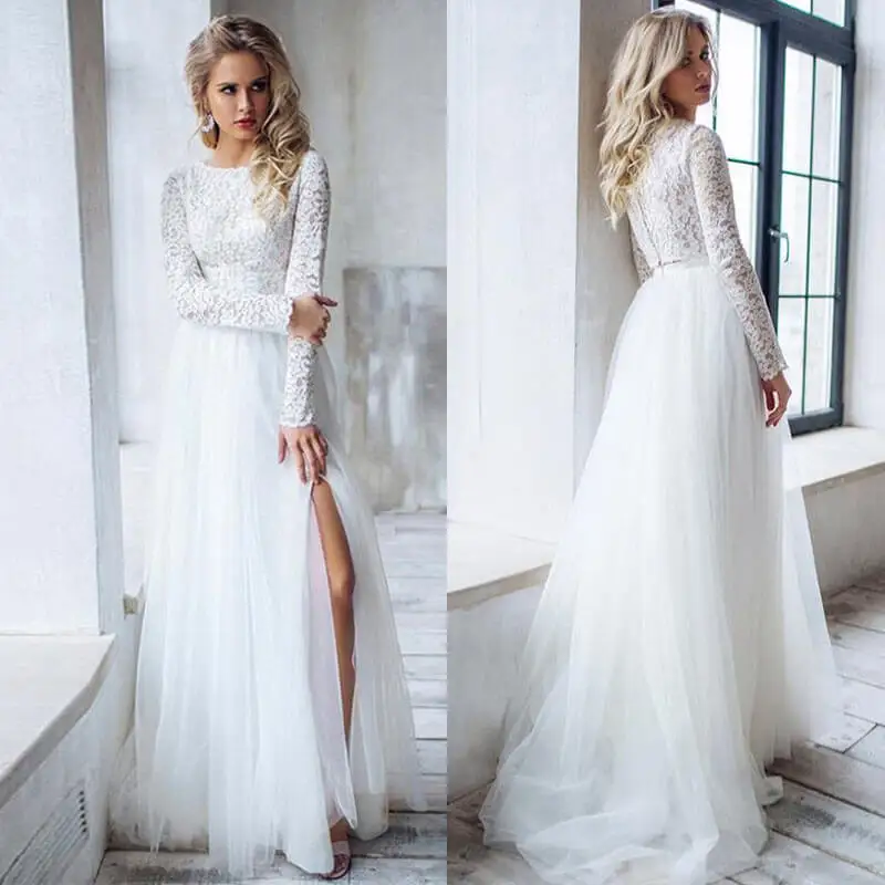 Элегантное кружевное свадебное платье с длинным рукавом сексуальное женское