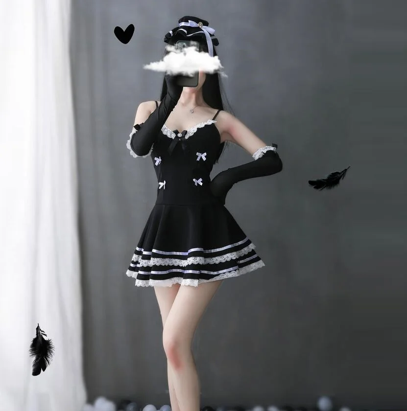 

Sexy Maid Cosplay Costumes Cute Black Dress And Thong Sexy Anime School Girl Gothic Outfit For Woman With Hat and Glove