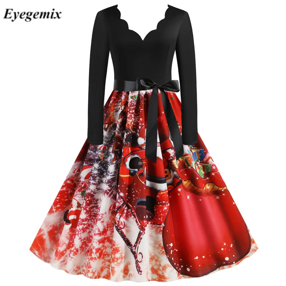 Красные большие качели печати рождественское платье женская зимняя