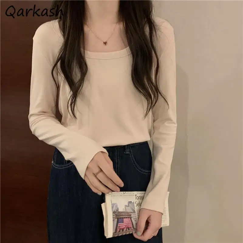 Футболка женская с длинным рукавом, теплая универсальная элегантная рубашка в Корейском стиле, квадратный воротник, однотонная одежда для осени, 5 цветов
