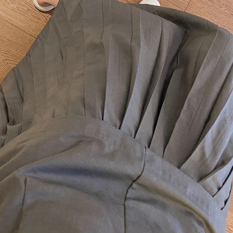 

High Quality Gray Woman Long Skirt England Style Summer Simple Stitching Solid Color Mid-Calf Women Pleated Skirts