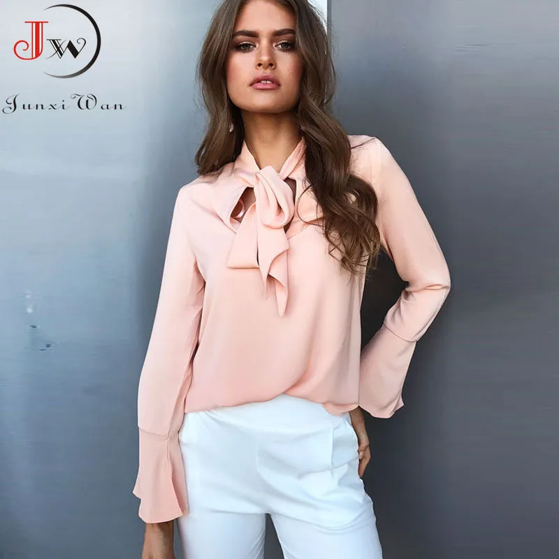 Черная элегантная шифоновая блузка с бантом и воротником Женская однотонная