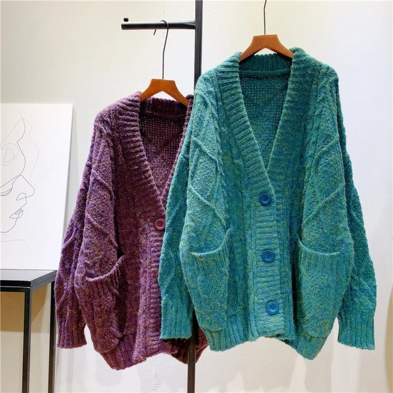 

Plus Size Cardigan Femme Long Green Sweater Coat V-Neck Single Breasted Coarse Needle Knitted Jacket Female Vintage Cardigan