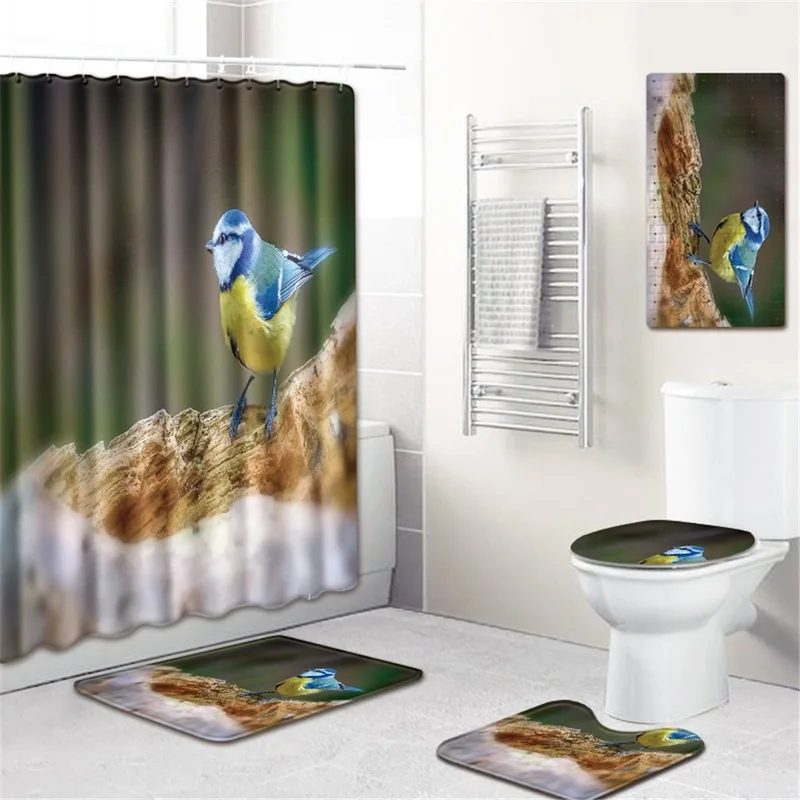 

Flower, Bird and Fish Non-Slip Mat Shower Curtain Bathroom Mat Five-Piece Carpet Toilet Cover Mat Bathtub Mat Kitchen Pad