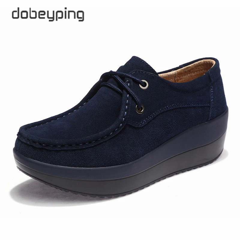 Женские замшевые туфли лоферы из воловьей кожи на плоской платформе шнуровке