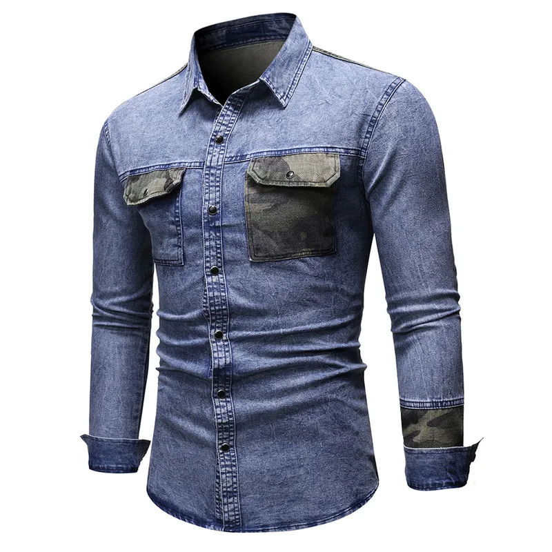 

2019 Autumn Jeans Shirt Men Casual Camouflage Patchwork Long Sleeve Shirts Men Top Quality Mens Denim Shirts Streetwear