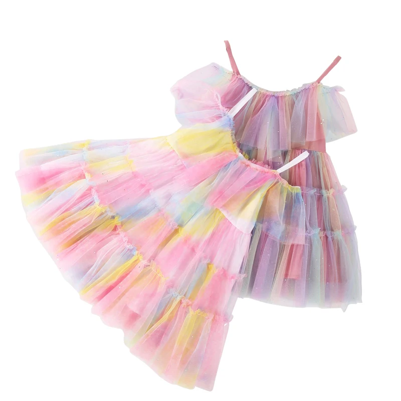 

Sleeveless Rainbow Cupcake Dress Age For 2 - 10 Yrs Little Girls Tulle Lace Evening Gowns Kids Frocks Colorful Beach Sling Dress
