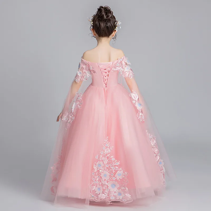 

Children Girls Elegant Sweet Pink Color Birthday Party Wedding Ceremonial Princess Dress Kids Teens Florals Piano Host Dress