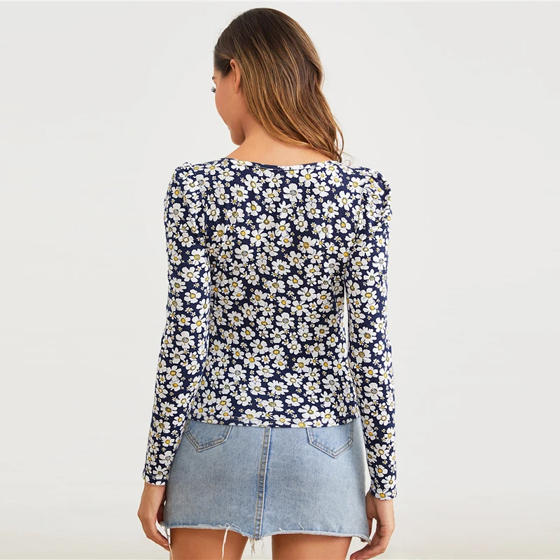 SHEIN, квадратная горловина, Маргаритка, цветочный принт, облегающая футболка, женские топы, осенняя элегантная Офисная Женская футболка с длинными рукавами