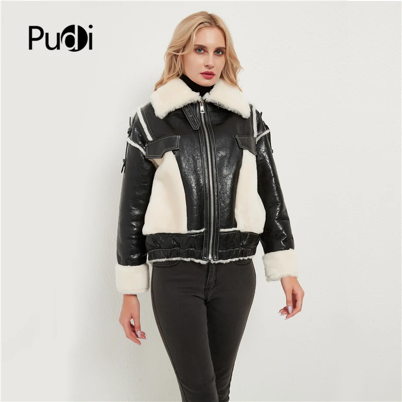 

Pudi women real fur coat jacket female lady winter warm genuine leather with sheep fur jackets parka Motorcycle clothing CT054