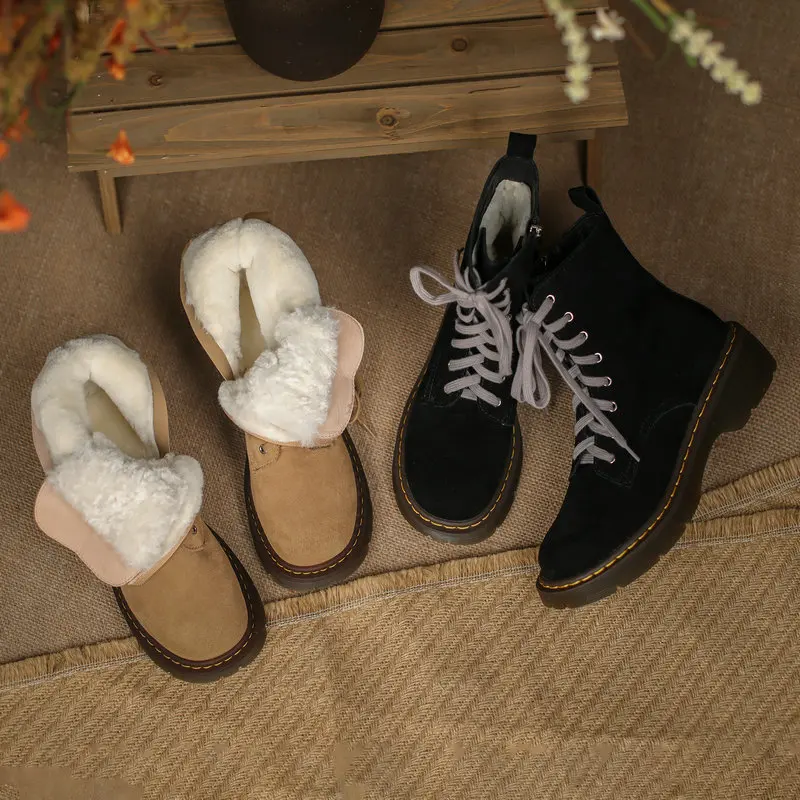 

Winter Real Fur Snow Boots Women Natural Genuine Leather Thick Heel Ankle Boots Black Colors Round Toe Shoes