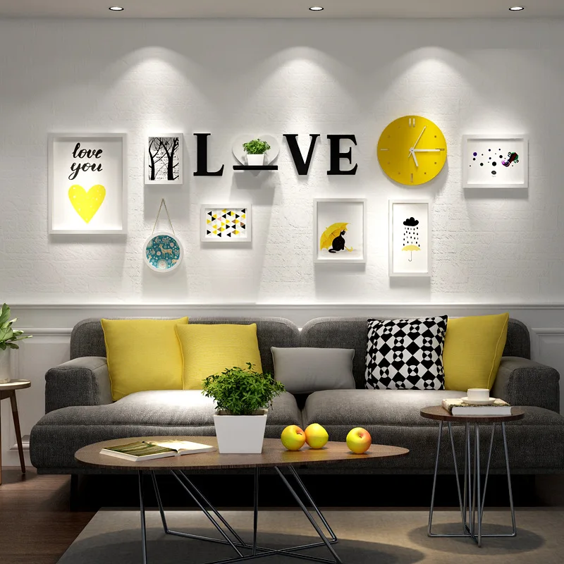 

Fresh Wooden Photo Frame Combination White Photo Wall With Round Clock Creative Wall Decorative Paintings Corridor Picture Frame