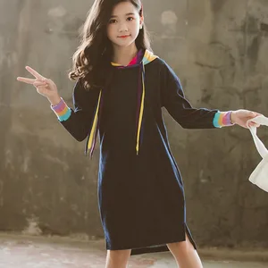 Синие джинсовые детские футболки, платья для девочек на весну и осень, платье для девочек, одежда для подростков, Детская школьная одежда с капюшоном, 2022