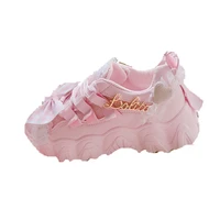 pink plaid bowknot sweet girl campus student sneakers platform womens shoes straps thick bottom round head high heel 5 5cm cos