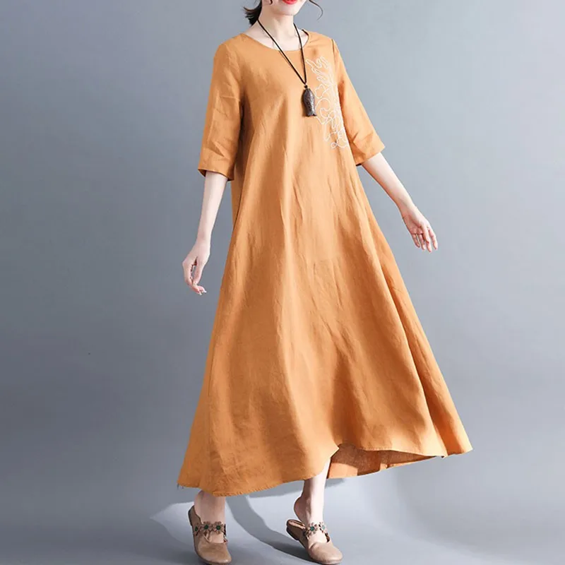 Женское длинное платье из хлопка и льна свободные удобные повседневные платья в