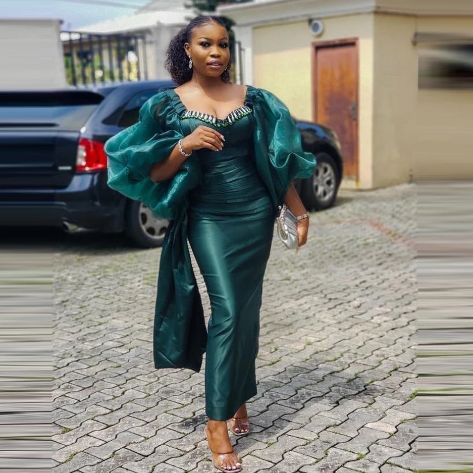 

Elegant Green Mermaid Aso Ebi Prom Dresses Organza Puffy Sleeves Long Women Evening Gowns Plus Size Satin Crystal Beaded