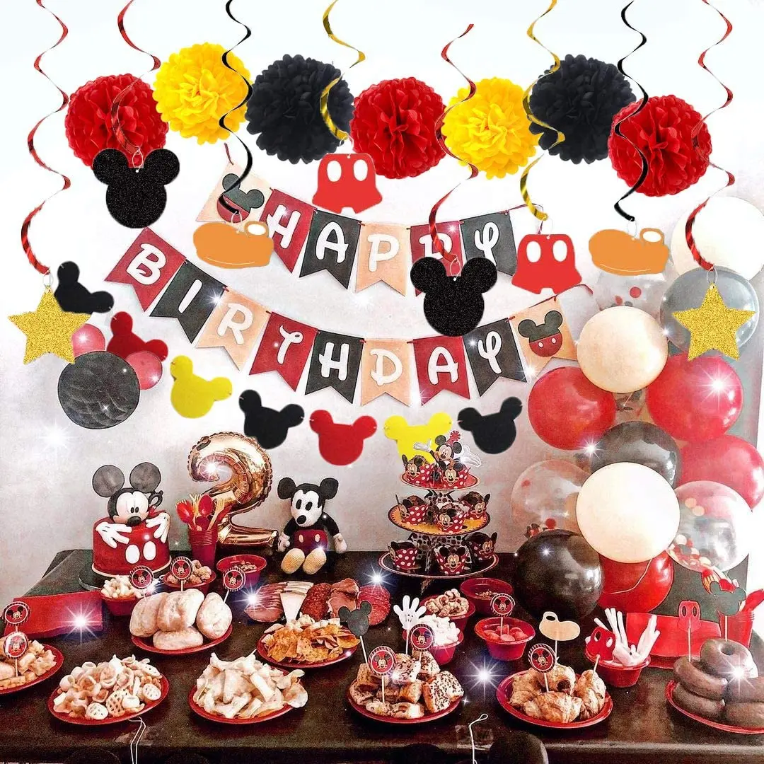 

Mickey Mouse Birthday Party Decorations Banner Hanging Swirl Cake Topper Paper Flower for Kids Baby Shower Party Decor Supplies