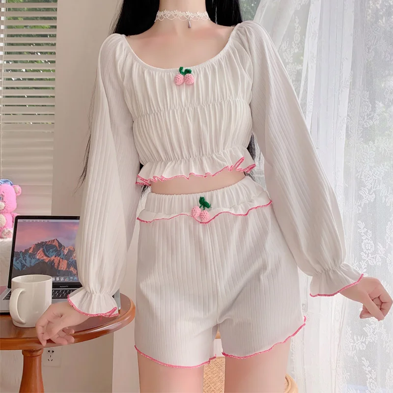 Cherry Girly Lace Sweet Homeware Suit Y2k Pajamas Pants Suits Women Kawaii Girl Spring Long Sleeve Crop Top Shorts Pajamas 2 pcs