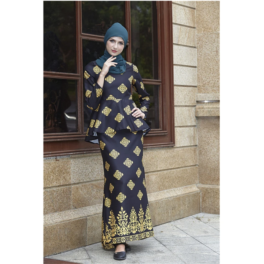 

Newly Islamic Woman Fashion Clothing Set Long Sleeve Ruffle Top Elegant Muslim Malaysia Arab Print Ramadan Abaya Outfits