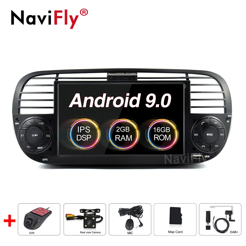 black NaviFly ips экран DSP 2 din android 9,0 автомобильный multimidia gps навигатор для FIAT 500 аудио радио авто стерео аудио автомобиля - Цвет: black
