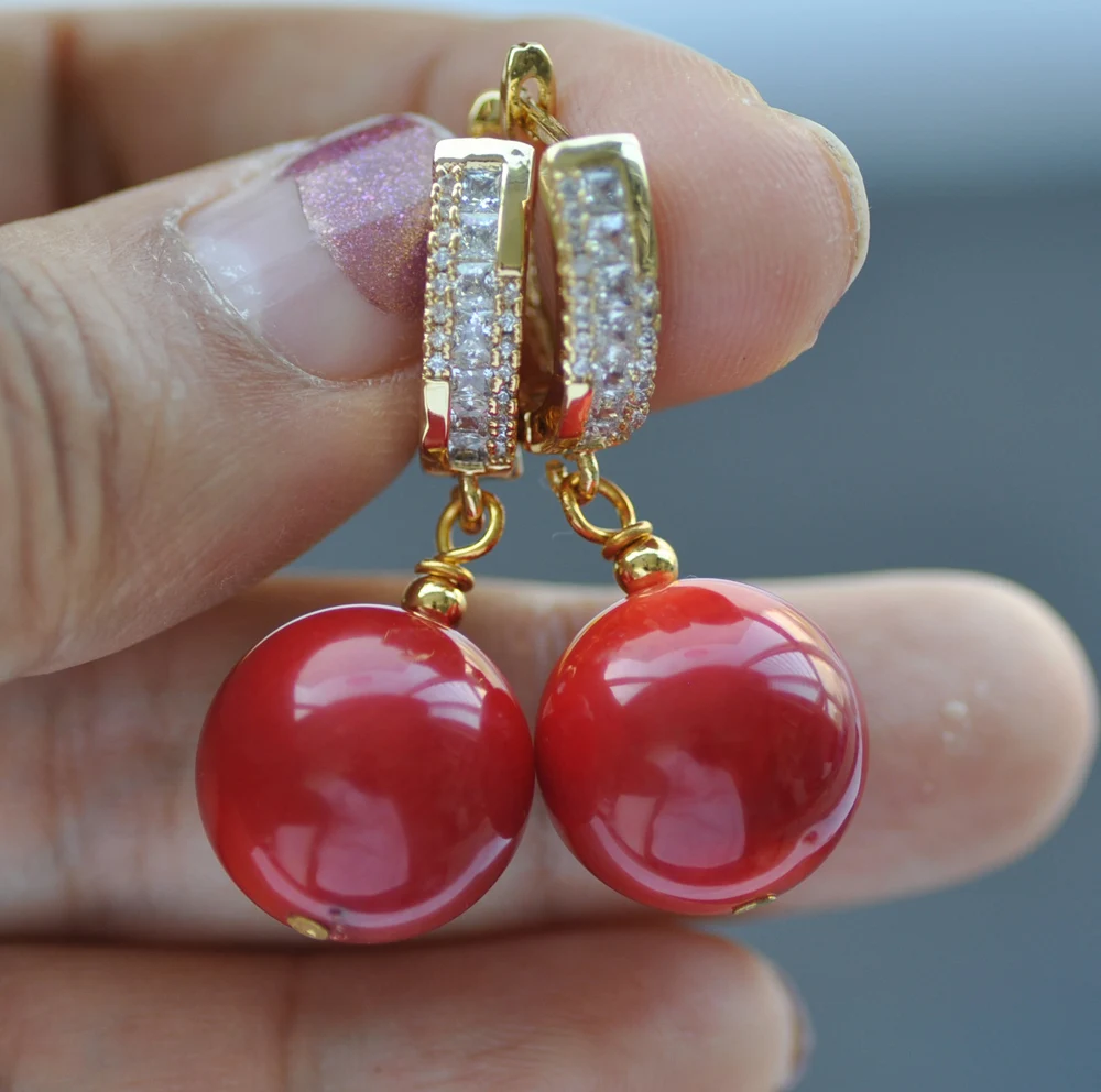 

Z10214 Real Huge 15mm Round Red Coral Dangle Earring CZ