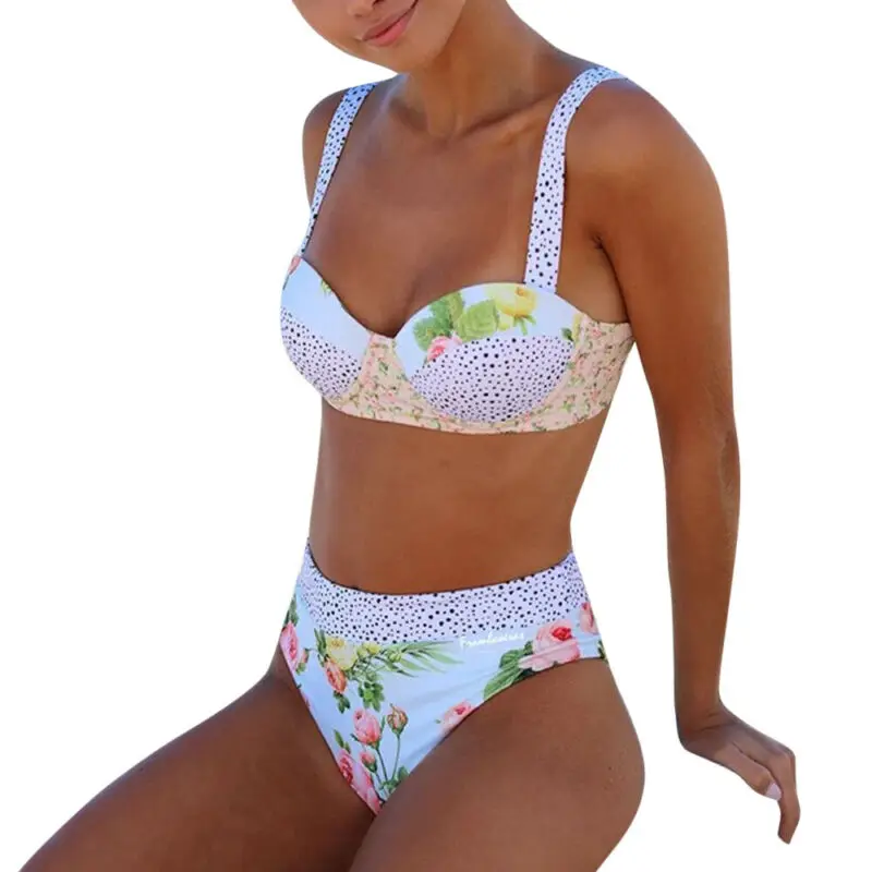 

Women Swimwear Floral Print High Waist Bikini Brief Set Beach Tankini Summer New