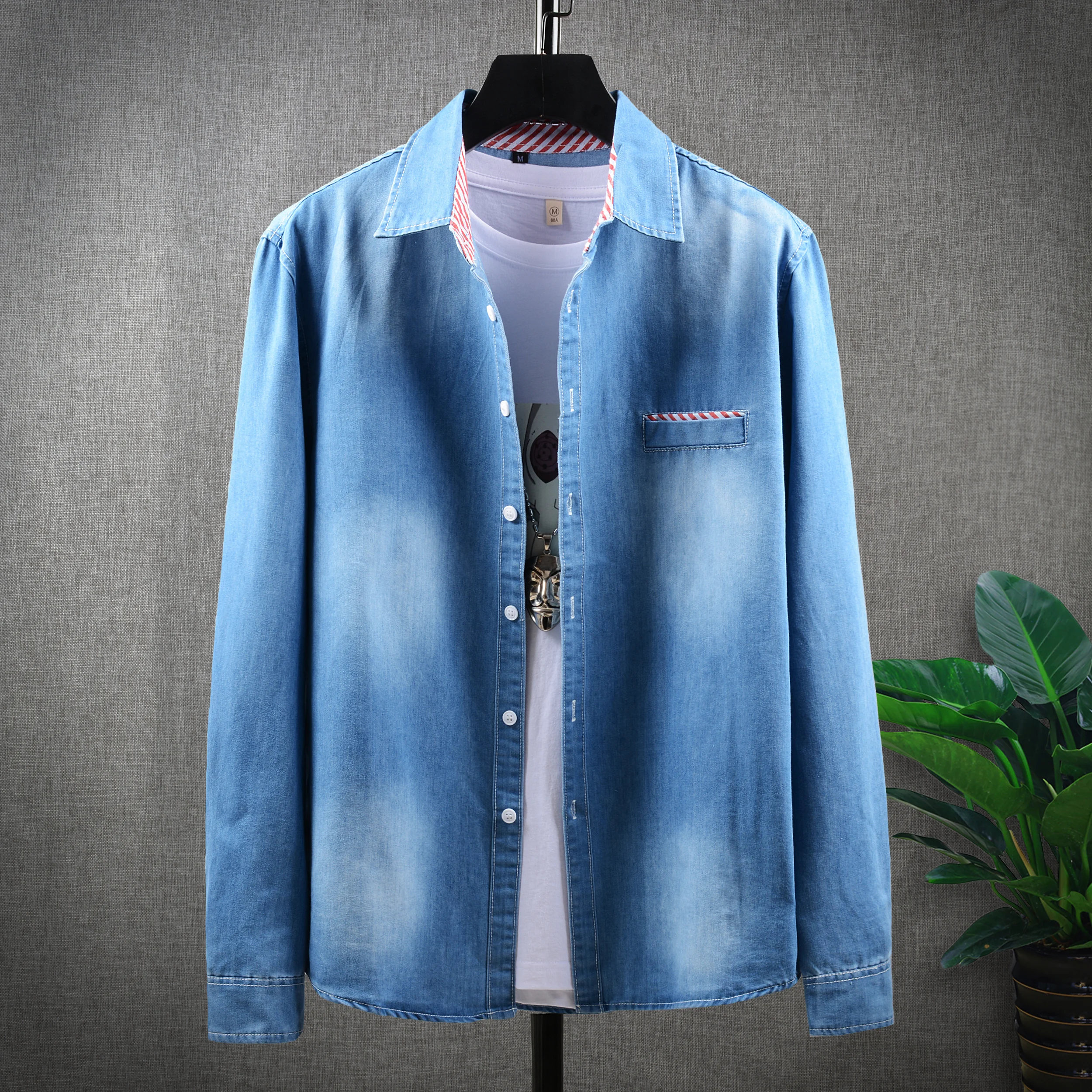 

Autumn men Lapel Button Blue Long Sleeves Denim Jean Shirts Pocket Slim Jeans tops Blouse Plus Size blusas mujer