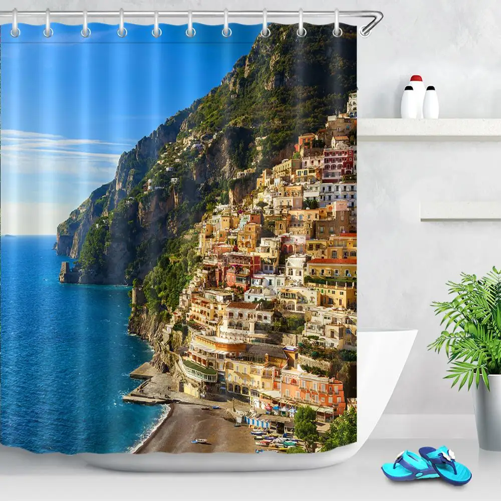 

Nordic Scenery Bathroom Waterproof Fabric Shower Curtain Italy Coastal Village Purple Flowers Shower Curtain Bath Accessory Sets