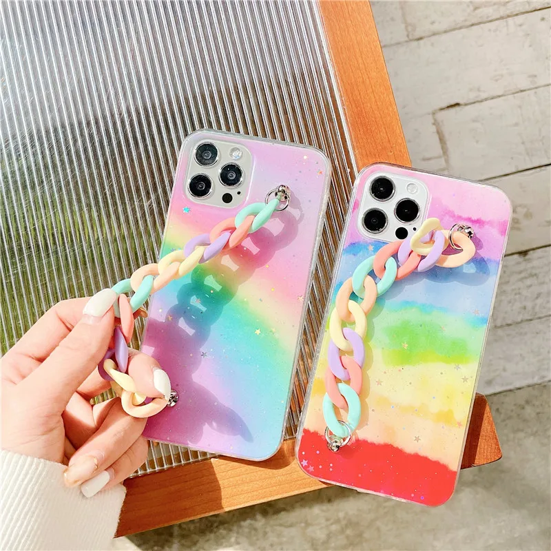 

Luxury Gradient Rainbow Pearl Chain Wristband Phone Case For iPhone 11 12 Pro Max XR X XS Max 8 7 Plus Back Cover