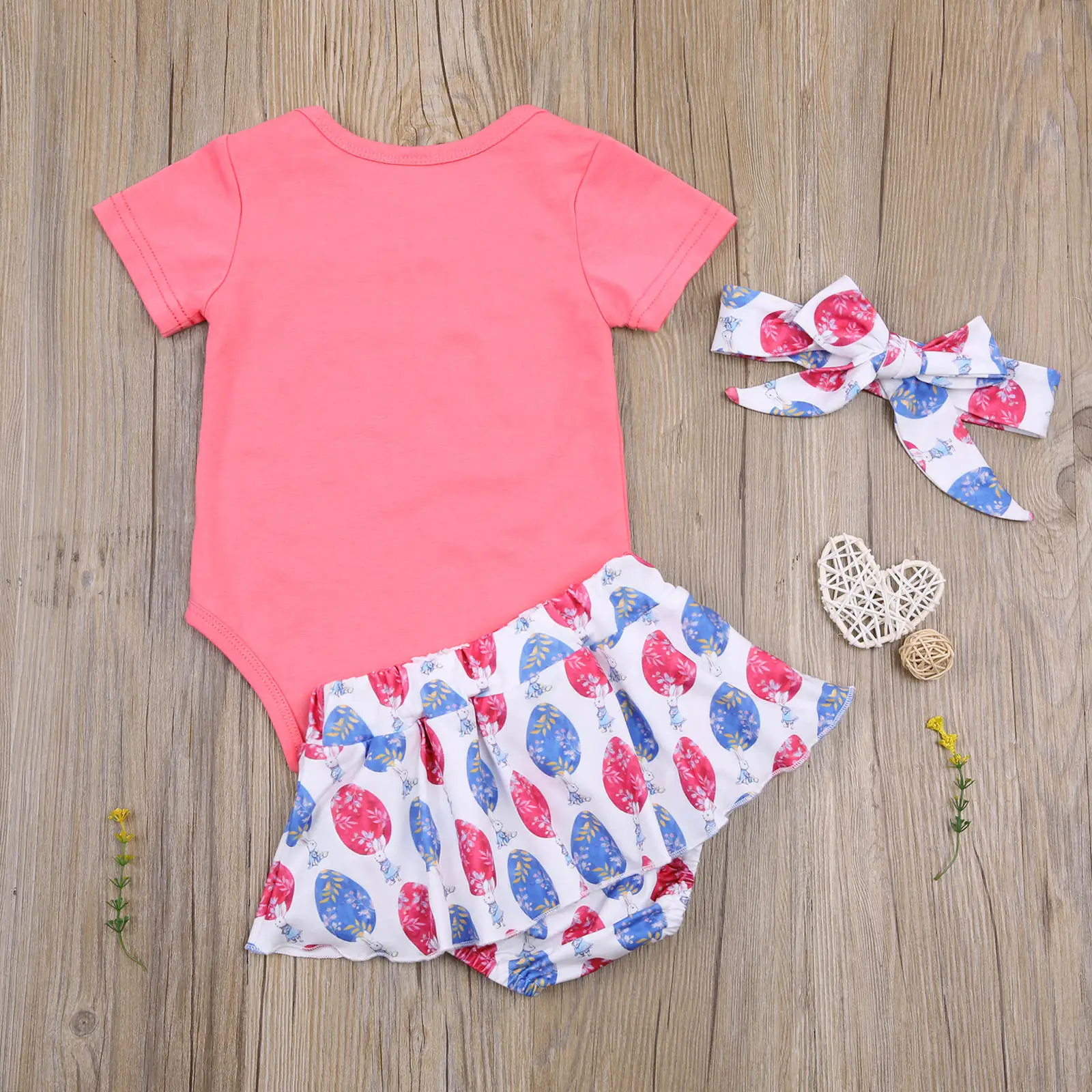 

0-18M Cute Infant Baby Girl Easter Clothing Letter Short Sleeve Romper Top+Cartoon Bunny Print Bow Shorts+Headband 3pcs