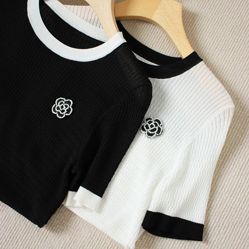 

Women Sweater Pullovers 2021 Summer High Street Elegant Beading Camellia O-Neck Short Sleeve Knitted Tops Korean Fashion Clothes