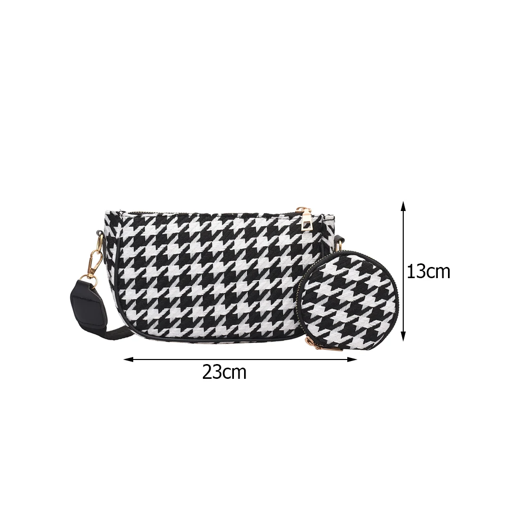 

Fashion Women Houndstooth Bear Pattern Shoulder Crossbody Bag Handbags Casual Ladies Round Small Purse 2pcs Composite Bags