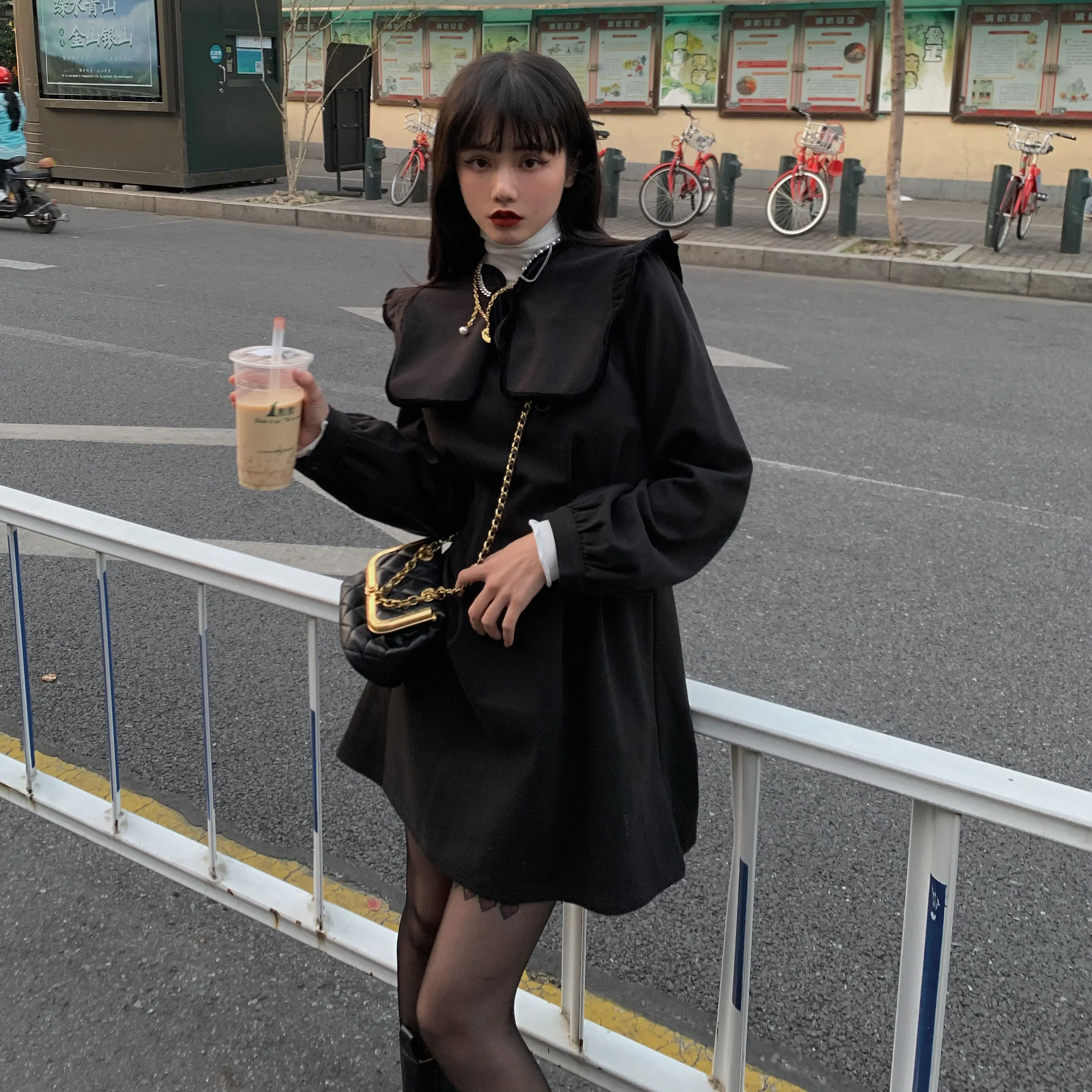 

Harajuku Black Gothic Women Mini dresses Korean Vintage Long Puff Sleeve Ruffled High Wais streetwear 2021 New Autumn Spring Hot
