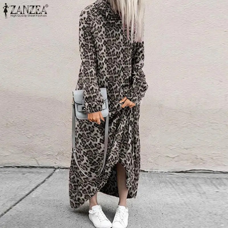 

ZANZEA Autumn Vintage Leopard Printed Robe Sundress Women Sweatshirts Turtleneck Dress Femme Long Sleeve Baggy Maxi Vestidos