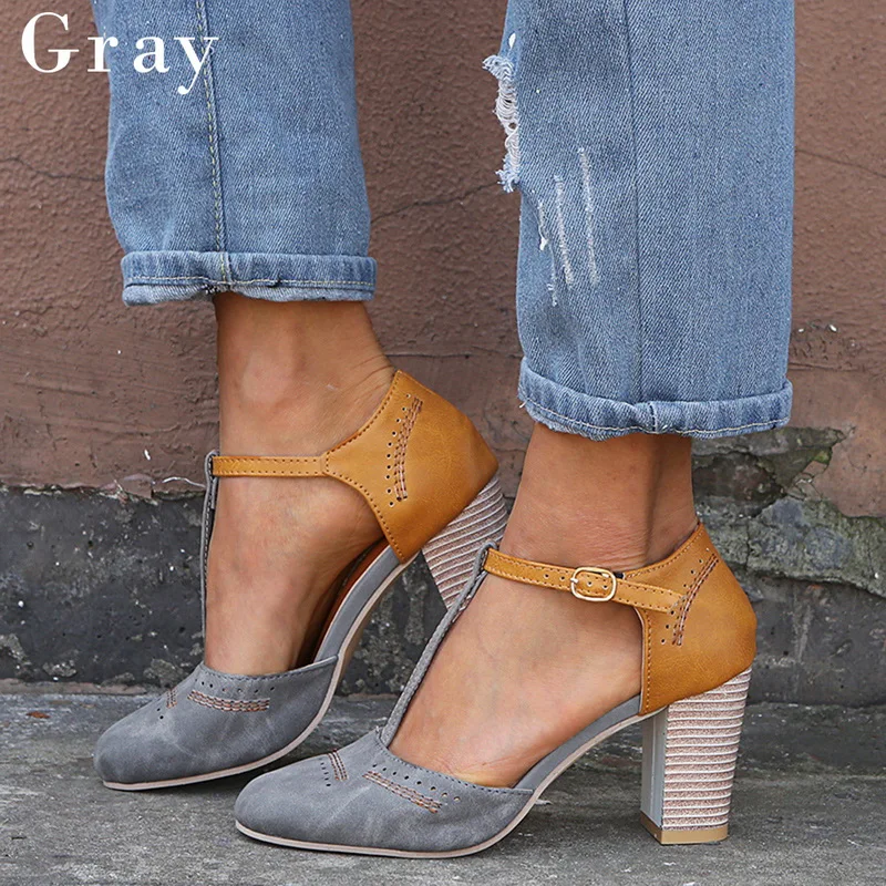 gray HEFLASHOR/женские туфли-лодочки на высоком каблуке женские свадебные модельные туфли на квадратном каблуке, на платформе, с круглым носком, с Т-образным ремешком zapatos de mujer - Цвет: gray