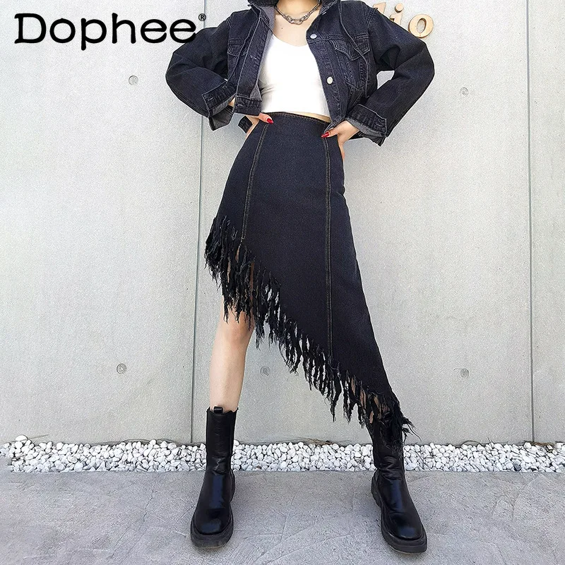 

Женская джинсовая юбка с бахромой, черная трапециевидная юбка средней длины с высокой талией, весна-лето 2021