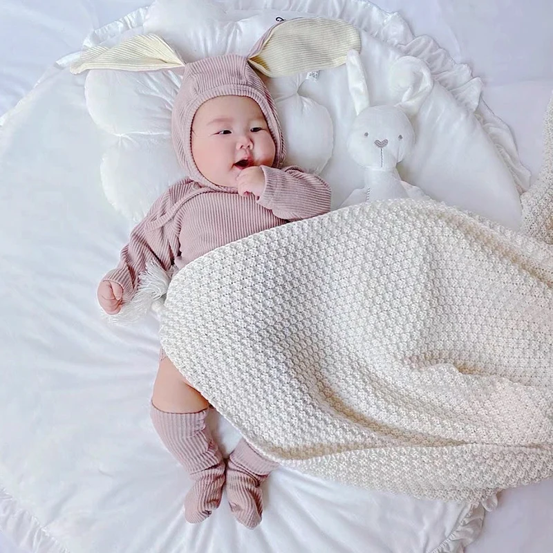

Baby Blankets Newborn Boys Girls Stroller Bed Crib Blankets Lange bébé Solid Knitted Infant Kids Monthly Swaddle Wrap Quilts