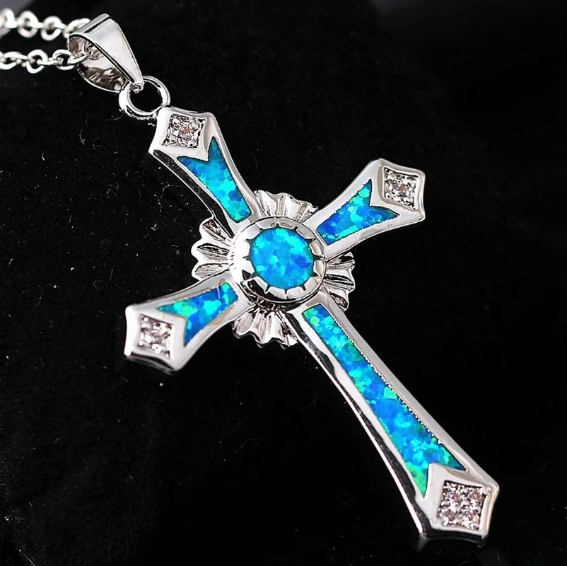 

Fashion Exquisite Blue Fire Opal Cross Pendant Necklace Wedding Charm Jewelry