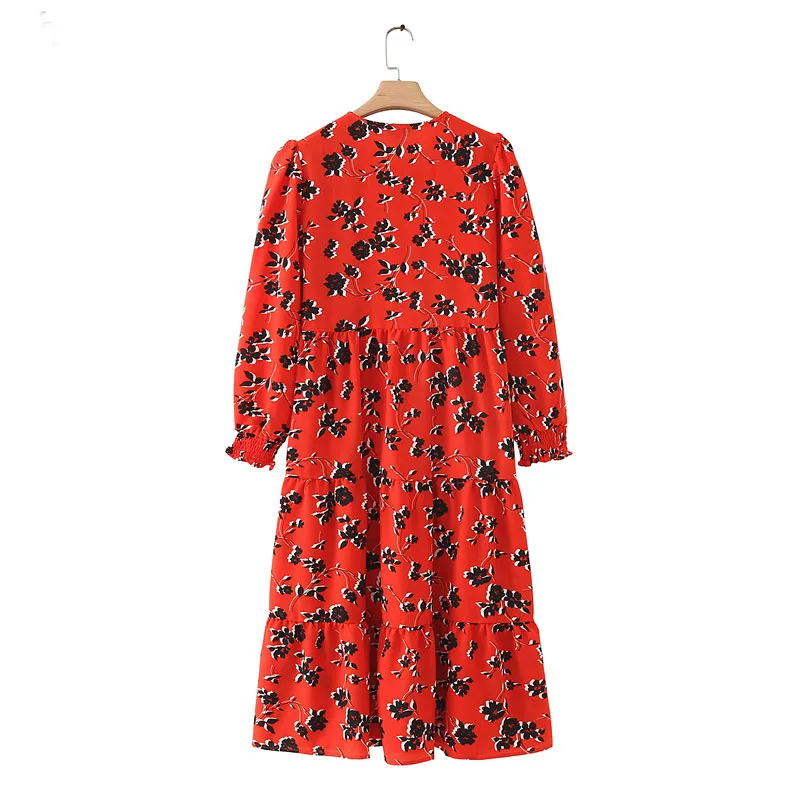 Женское платье-рубашка с цветочным принтом до середины икры плиссированные