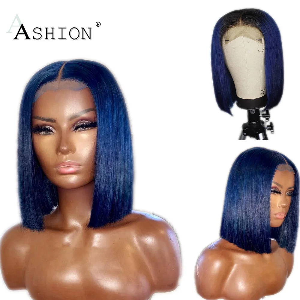 

Short Bob Human Hair Wigs for Black Women T Part Lace Wig Dark Blue Color Short Cut Straight Brazilian Hair Wigs Pre Plucked