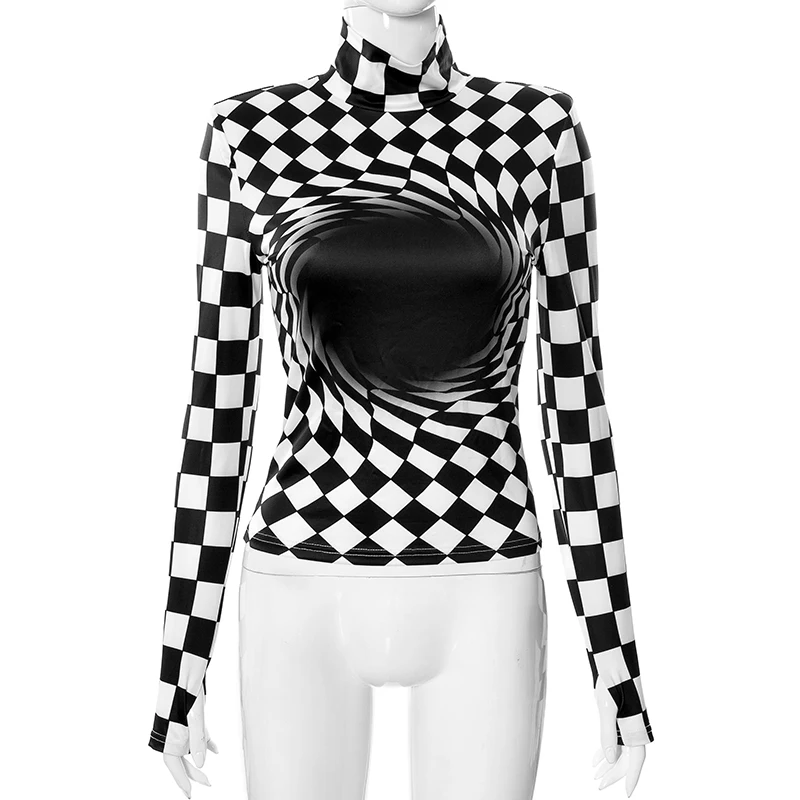Женская водолазка с длинным рукавом и шахматным принтом | одежда