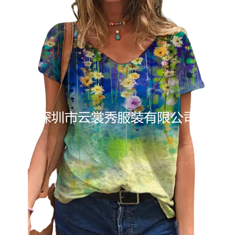 

Short sleeve T-shirt women's summer new versatile half sleeve T-shirt flower painting print T-shirt