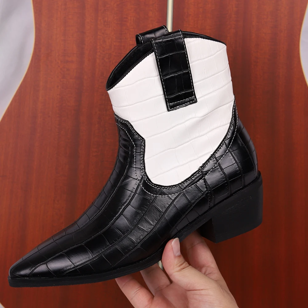 

Женские ковбойские Полусапоги смешанных цветов со змеиным принтом; сезон осень-зима; Брендовые женские ботинки с вышивкой; botas mujer