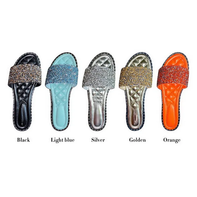 

Hot Sell Bling Slippers Summer Sandals Women Flip Flops Rhinestone Flat Sandals Ladies Slippers Shoes Female Round Toe Shoes
