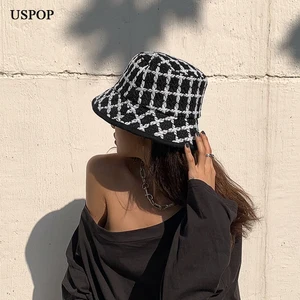 Панама женская твидовая в клетку, с широкими полями, Осень-зима