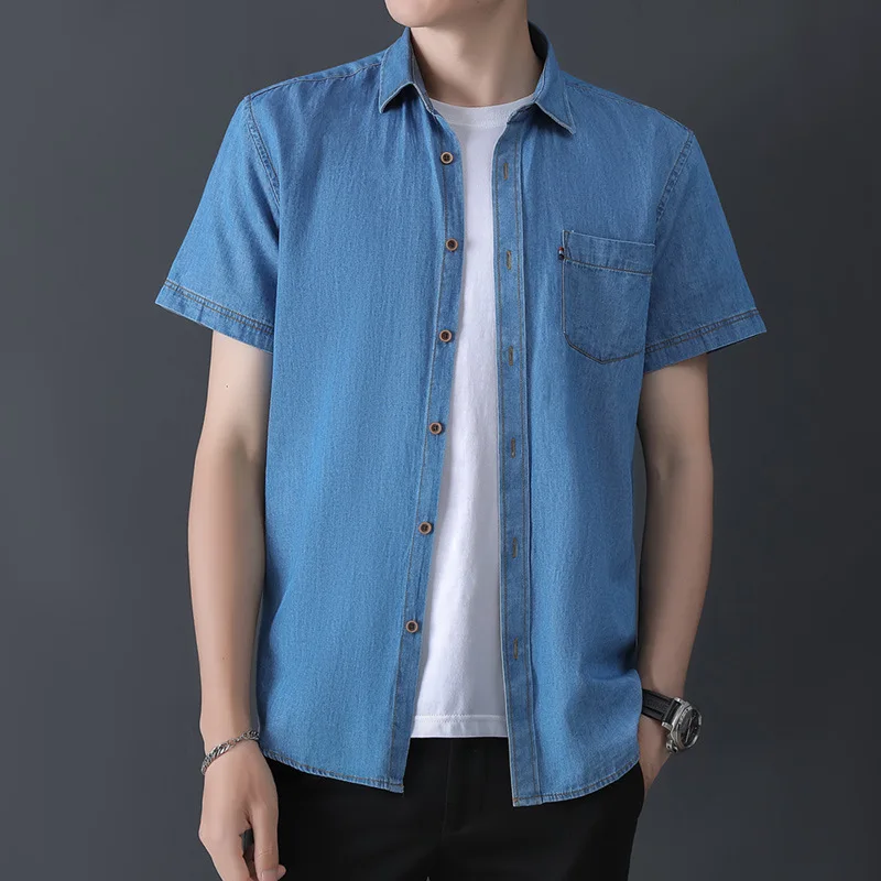 

Summer thin denim shirt men's short sleeve leisure Hong Kong style handsome jacket Korean trend loose tide shirt coat