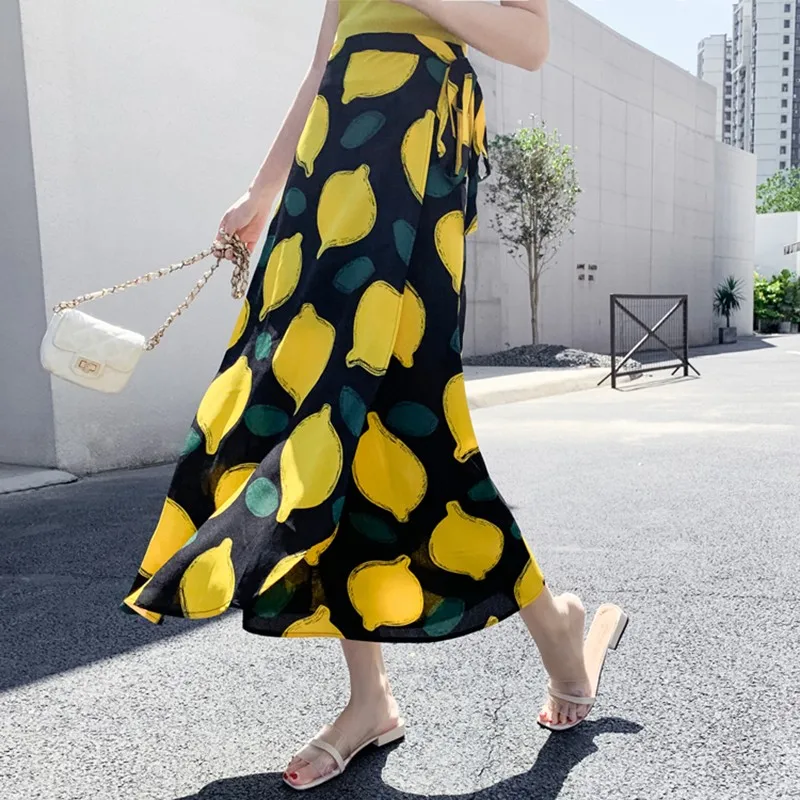

Skirts Womens Vintage Bandage Fashion Print Wrap Summer Midi Skirt Female Slim High Waist Chiffon Beach Long Skirts Vacation