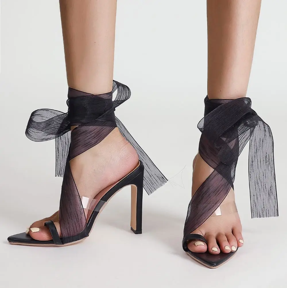 

2022 Summer Women's Sandals Simple Pointed Flip Toe Transparent Film Bowknot Ribbon High Heel Sandals Party Shoes Size 35 to 42