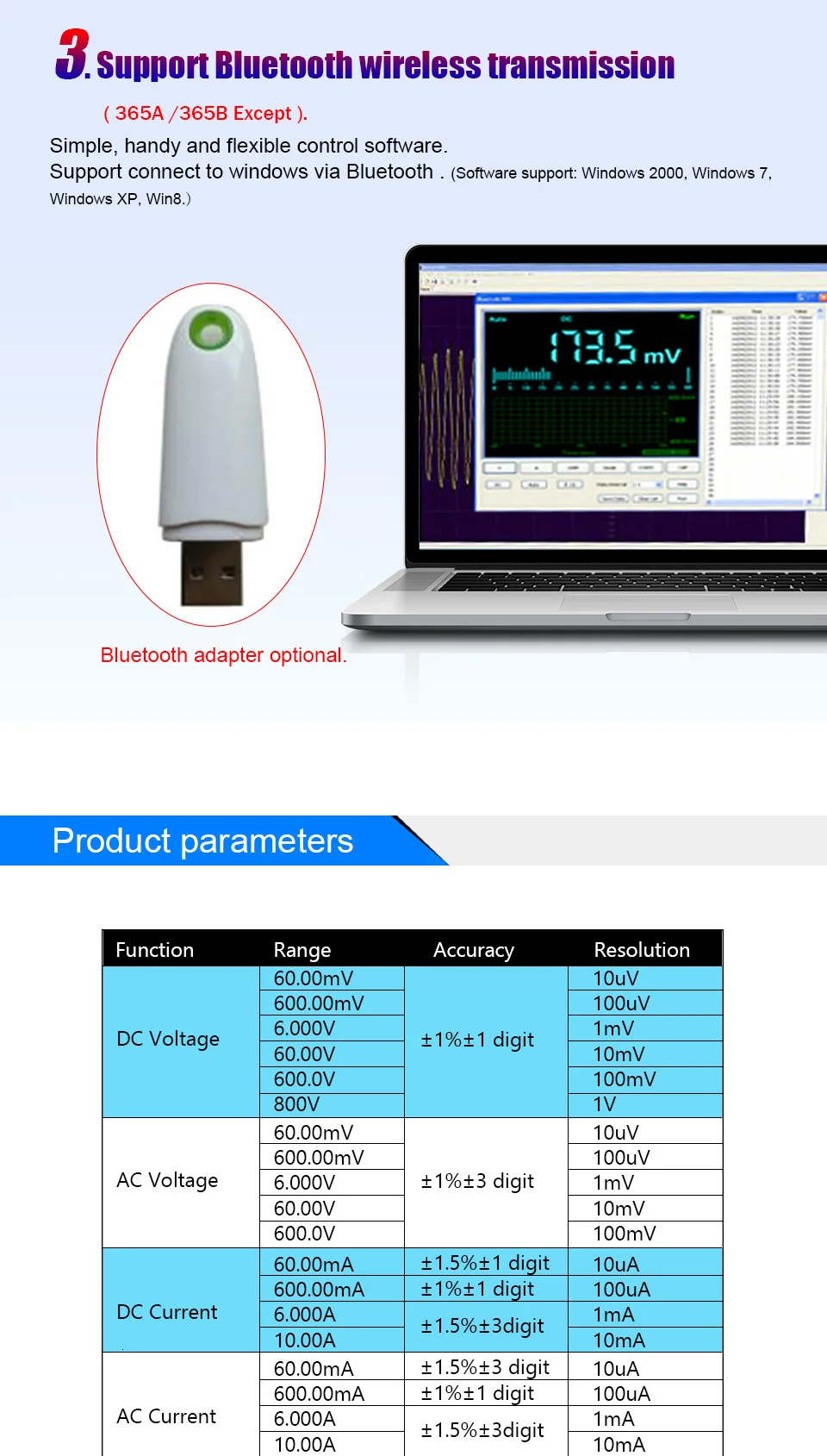 Hantek 365D ПК USB Регистратор данных запись напряжения тока Ом крышка. Кривая Bluetooth с литий-батареей True RMS цифровой мультиметр тестер
