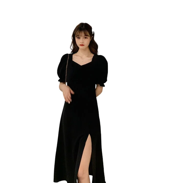 

Женское винтажное платье во французском стиле, черное платье-трапеция до середины икры с квадратным вырезом и пышными рукавами